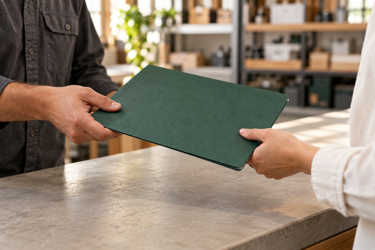 Two coworkers handing an unmarked green project folder across a workshop counter.